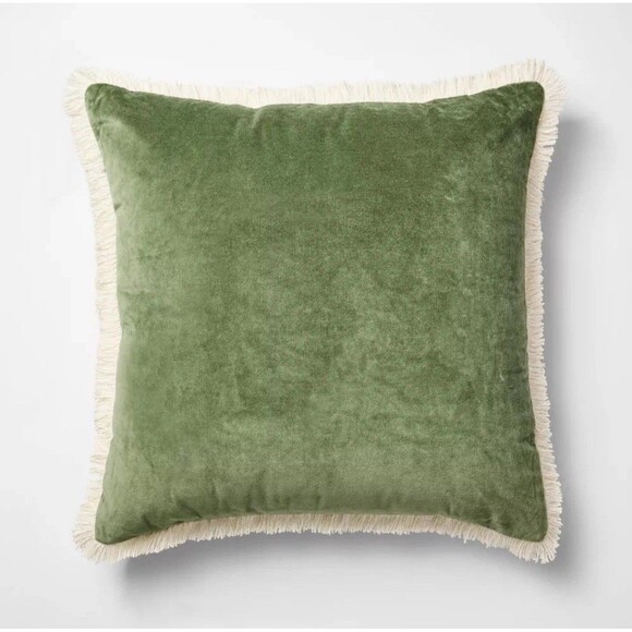 Oversized Square Solid Velvet Pillow w/ Fringe Army Green- Threshold